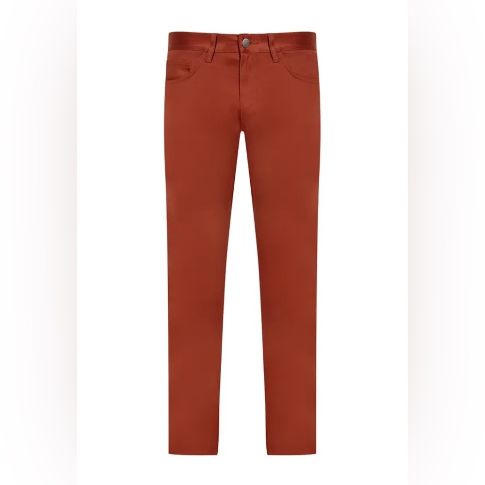 Theory Tech Raffi Compact Straight Slim Fit Ponte Pants in Burnt Orange - Picture 2 of 9